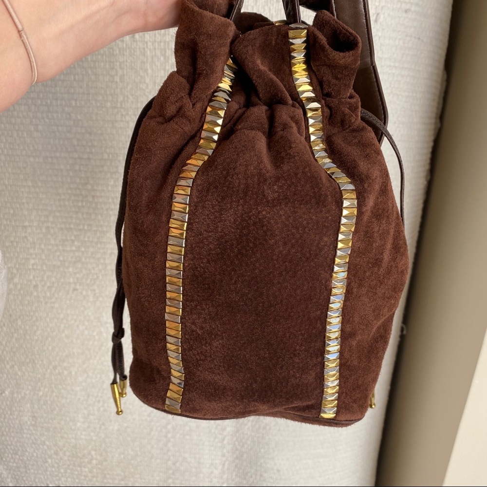 Vintage 70s Crossbody Suede Studs Bucket Bag Brown - Picture 5 of 8